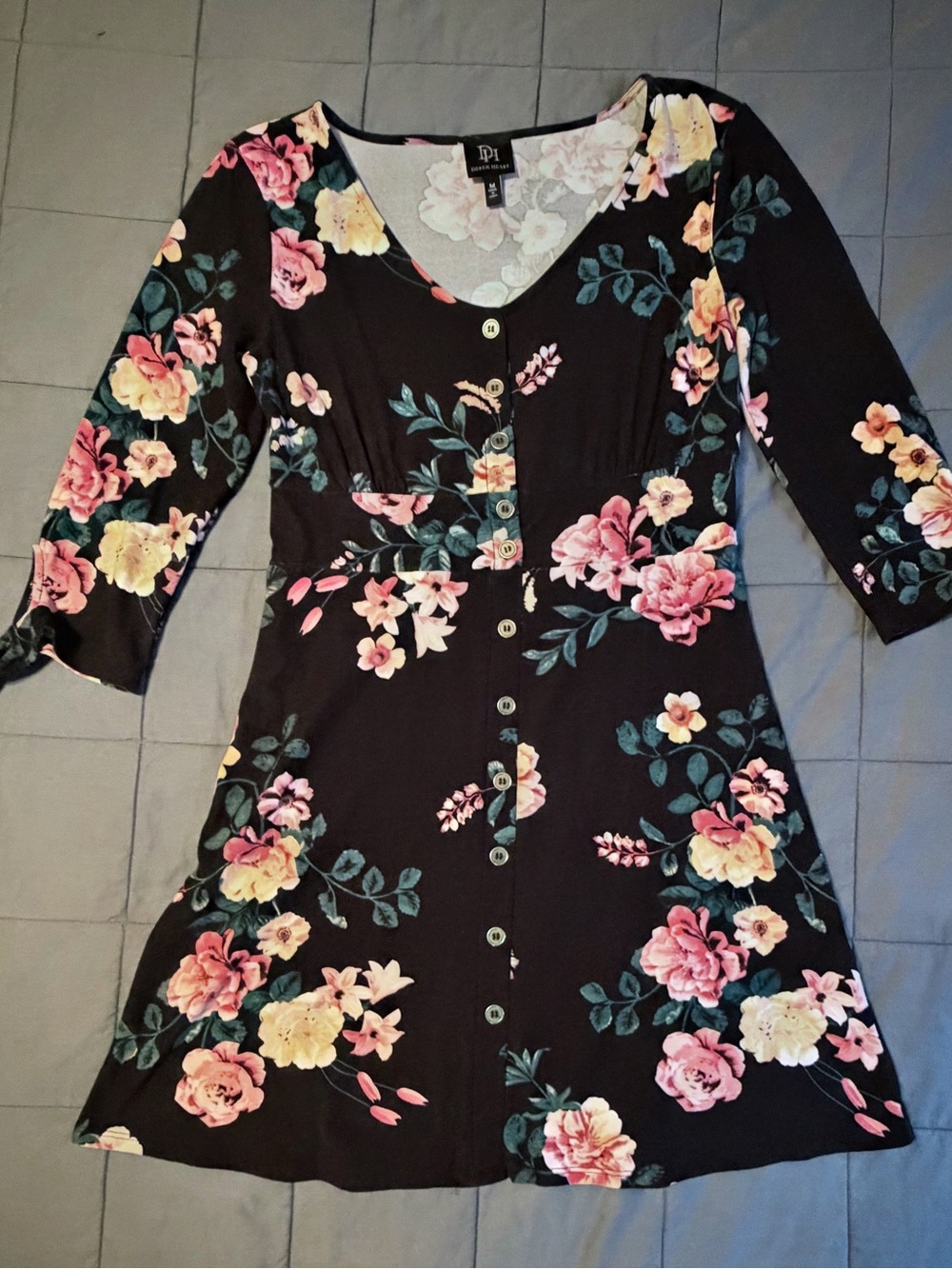 Derek Heart Black Mini Dress with Pink & Yellow Floral Print